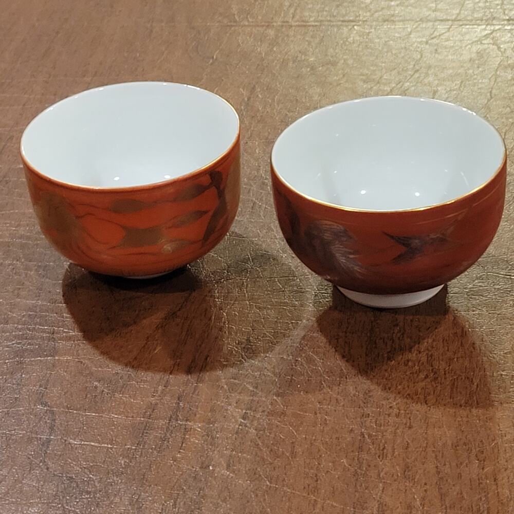 Set of 2 vintage antique kutani cups red gold accent